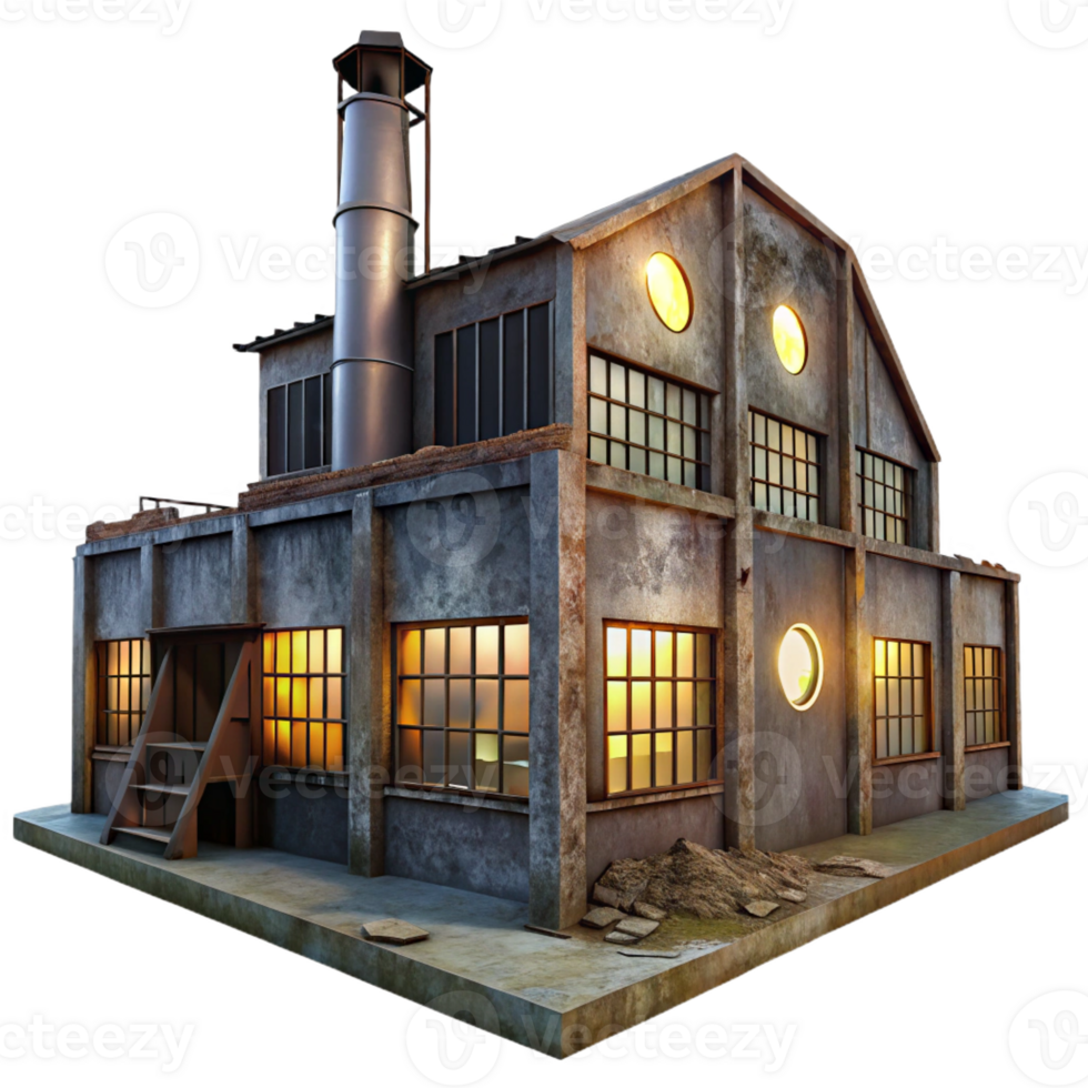 vibrant classic An abandoned industrial factory with rusty metal structures and broken windows, dimly lit by moonlight. Urban decay, dystopian, grunge aesthetic professional png
