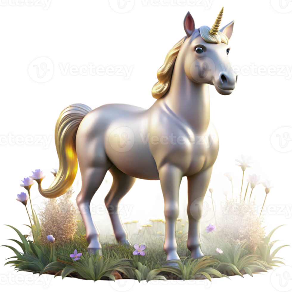 wonderful creative A mystical unicorn with a silver coat and a spiraling horn, standing in a field of wildflowers, bathed in soft, golden light, ethereal and dreamlike style detailed png