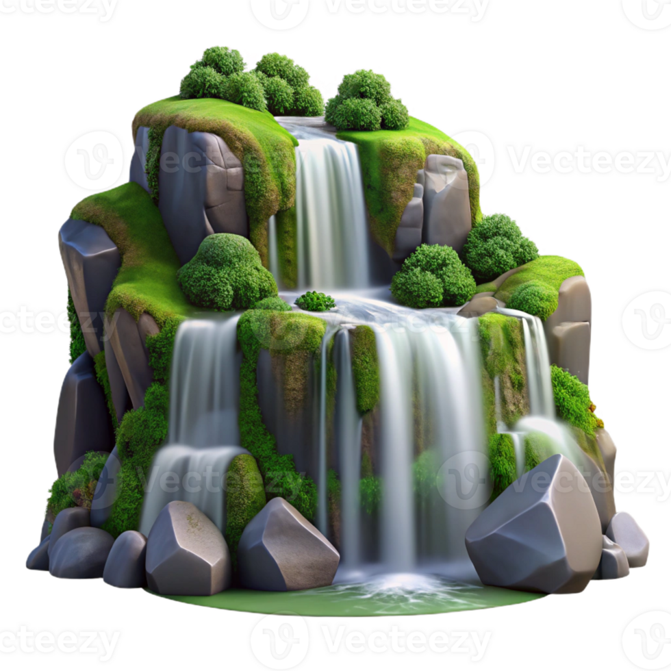 elegant rustic A cascading waterfall tumbling over smooth, moss-covered rocks, long exposure photography style, diffused natural light original png