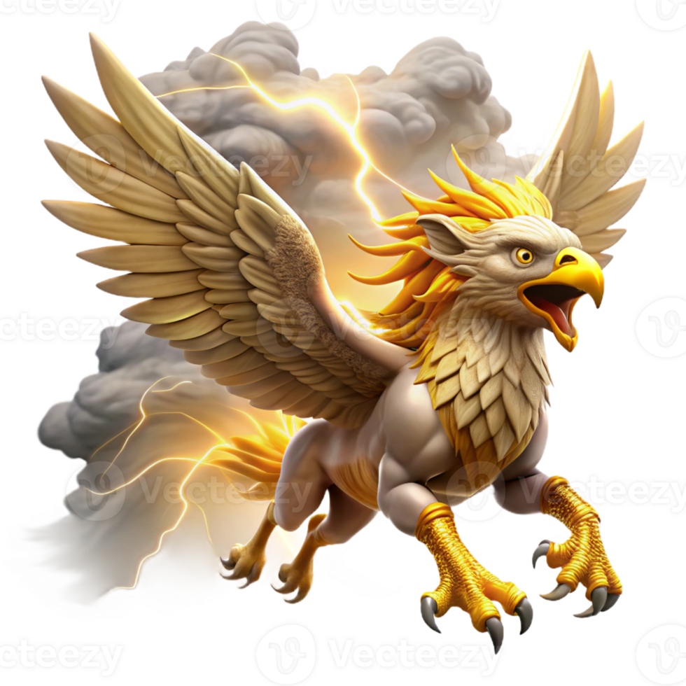 serene classic A majestic griffin with golden feathers and piercing amber eyes, soaring through a storm-ridden sky, lightning illuminating its form. Dramatic, epic fantasy style high resolution png