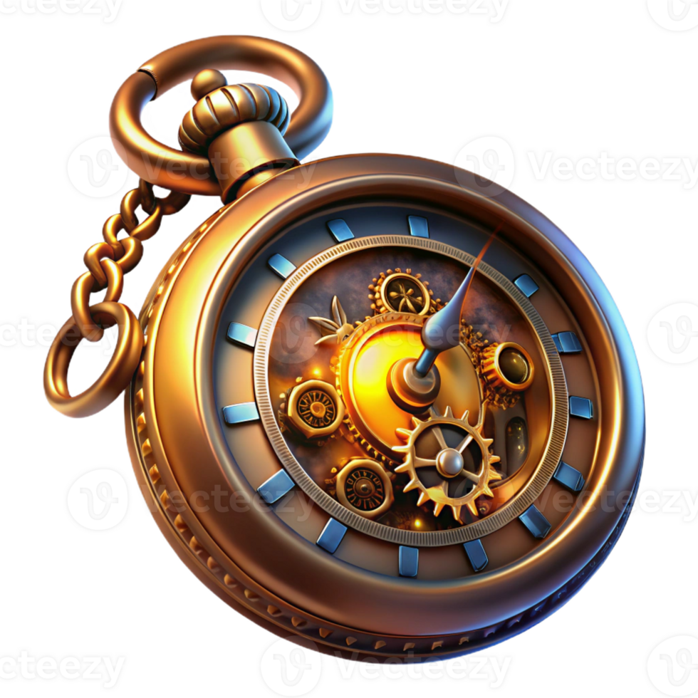 extraordinary classic A steampunk pocket watch, ornate design, gears visible, glowing roman numerals, dramatic lighting, highly detailed, cinematic render authentic png