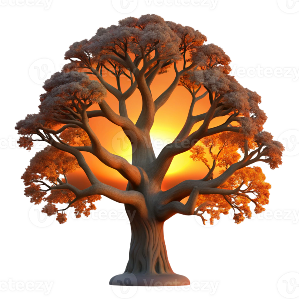 dramatic vintage A gnarled oak tree silhouetted against a fiery sunset, stark and dramatic lighting, etching style high resolution png
