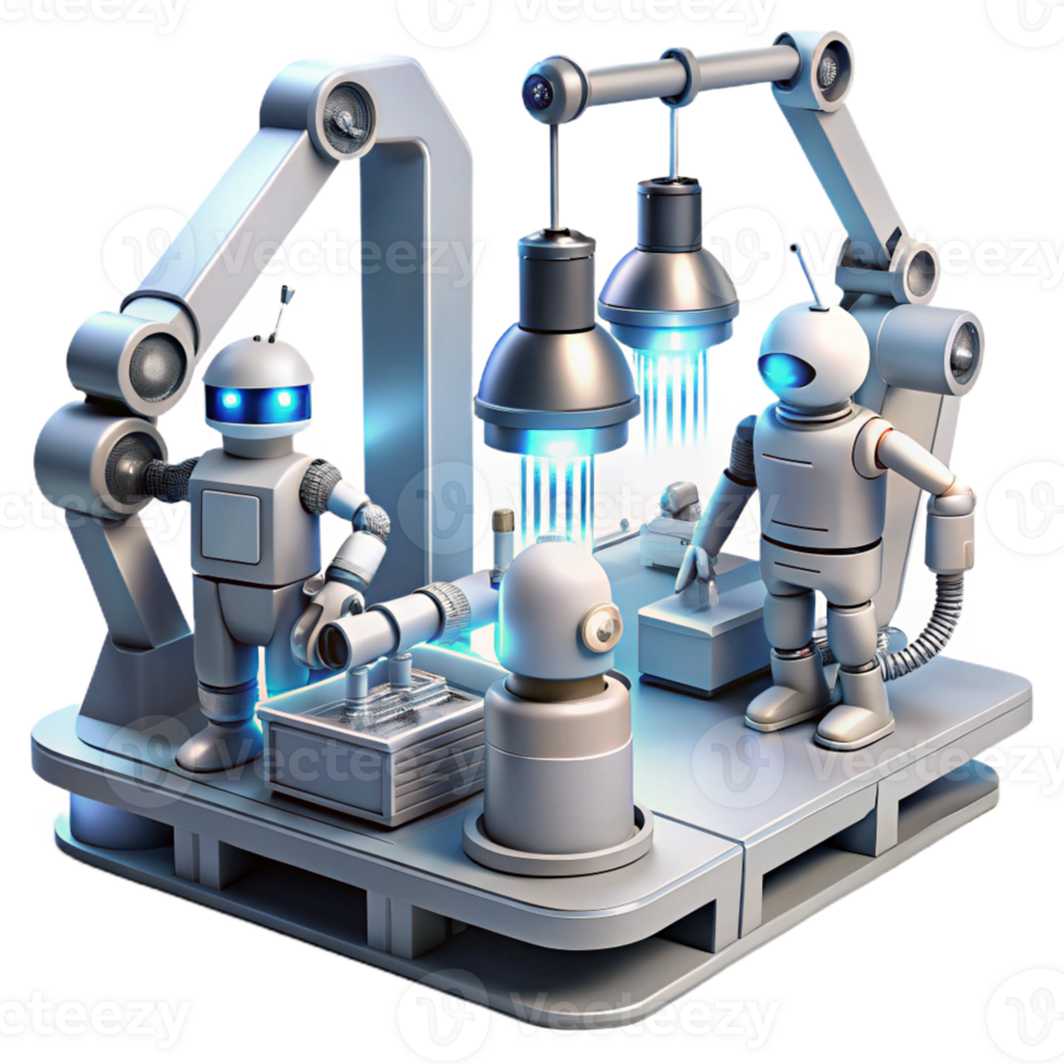 dramatic classic A group of robots working in a futuristic factory, assembling complex machinery, illuminated by the bright, white light of industrial lamps. Industrial science fiction style genuine png