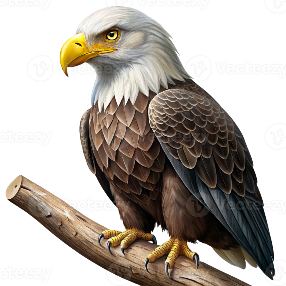 dramatic creative A regal bald eagle perched on a branch, with intense gaze, dramatic lighting, painted in a photorealistic style high resolution png