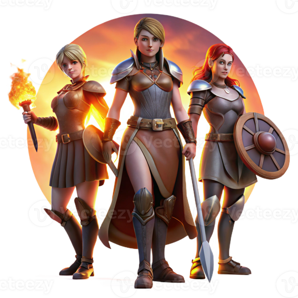 elegant contemporary A group of warrior women, armed with swords and shields, standing defiantly, illuminated by a fiery sunset. Epic fantasy style exclusive png