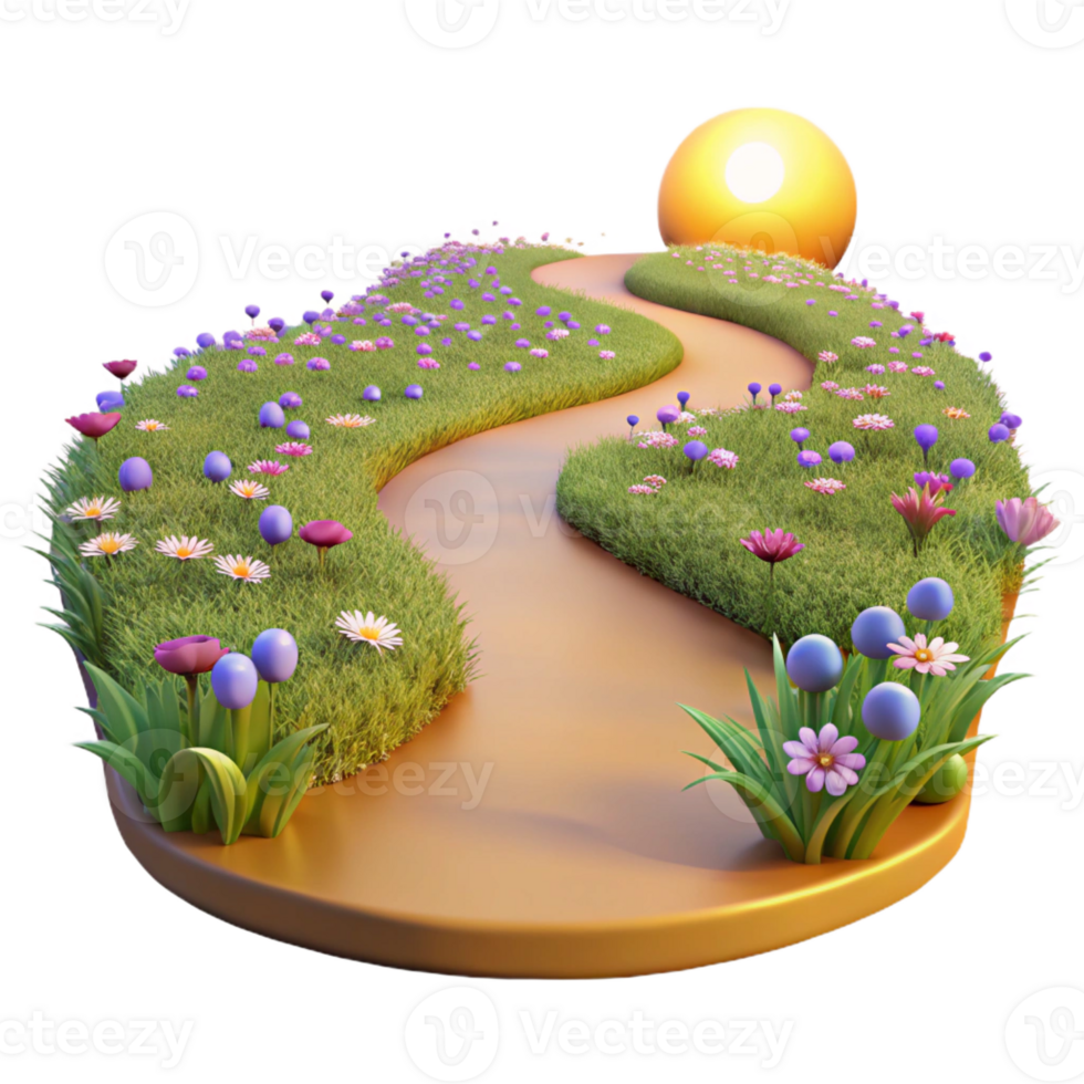dramatic traditional A winding dirt path through a field of wildflowers, golden hour lighting, pastoral style high quality png