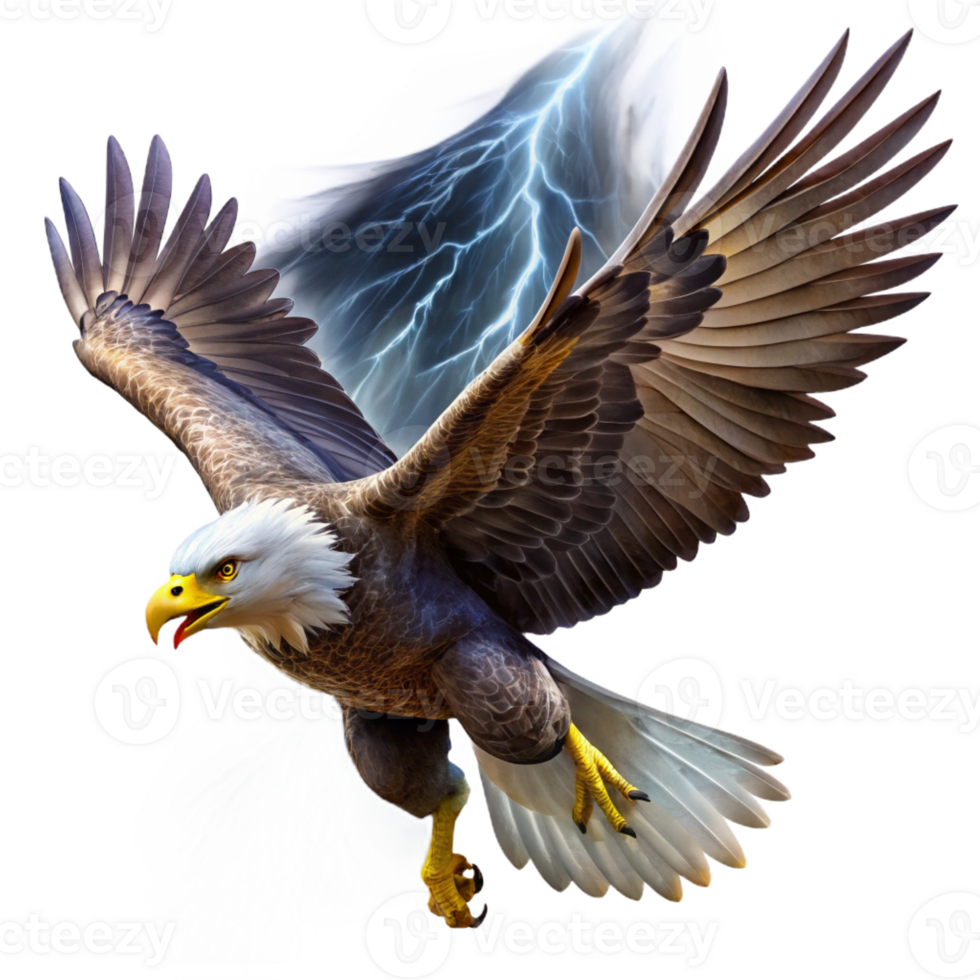 serene artistic A regal bald eagle soaring through a stormy sky, lightning illuminating its powerful wings. Dramatic lighting and dynamic pose. Digital painting style genuine png