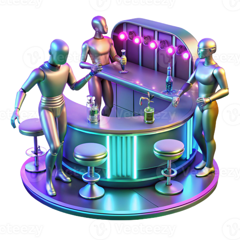impressive creative A futuristic bar scene with holographic dancers and patrons with cybernetic implants, in a vibrant, art deco style authentic png