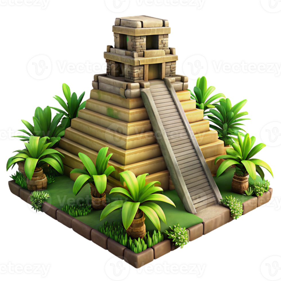 impressive abstract A Mayan pyramid temple overgrown with jungle vegetation, dramatic lighting, ancient civilization. Archaeological, historical, realistic rendering high quality png
