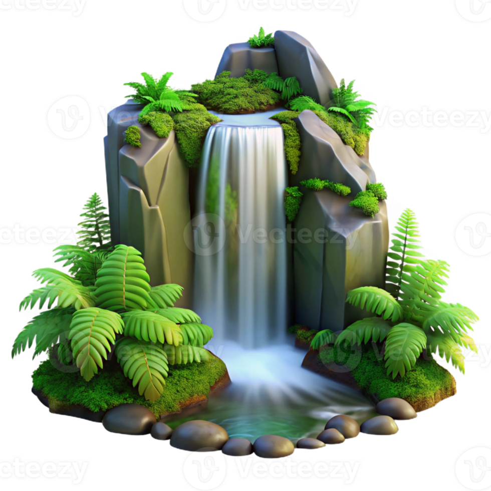 beautiful vintage A cascading waterfall surrounded by lush green ferns, long exposure photography, serene atmosphere high resolution png