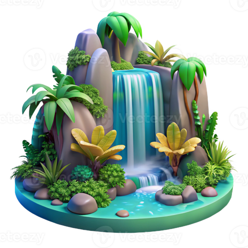 beautiful vintage A cascading waterfall surrounded by lush tropical foliage, vibrant colors, fantasy art style 4K png