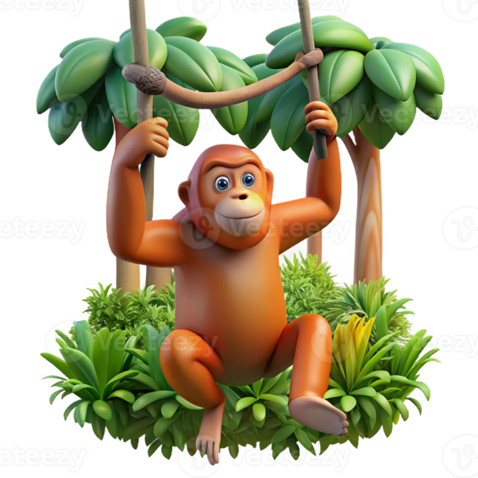 elegant modern A orangutan swinging through the trees, lush rainforest setting, agile and acrobatic genuine png
