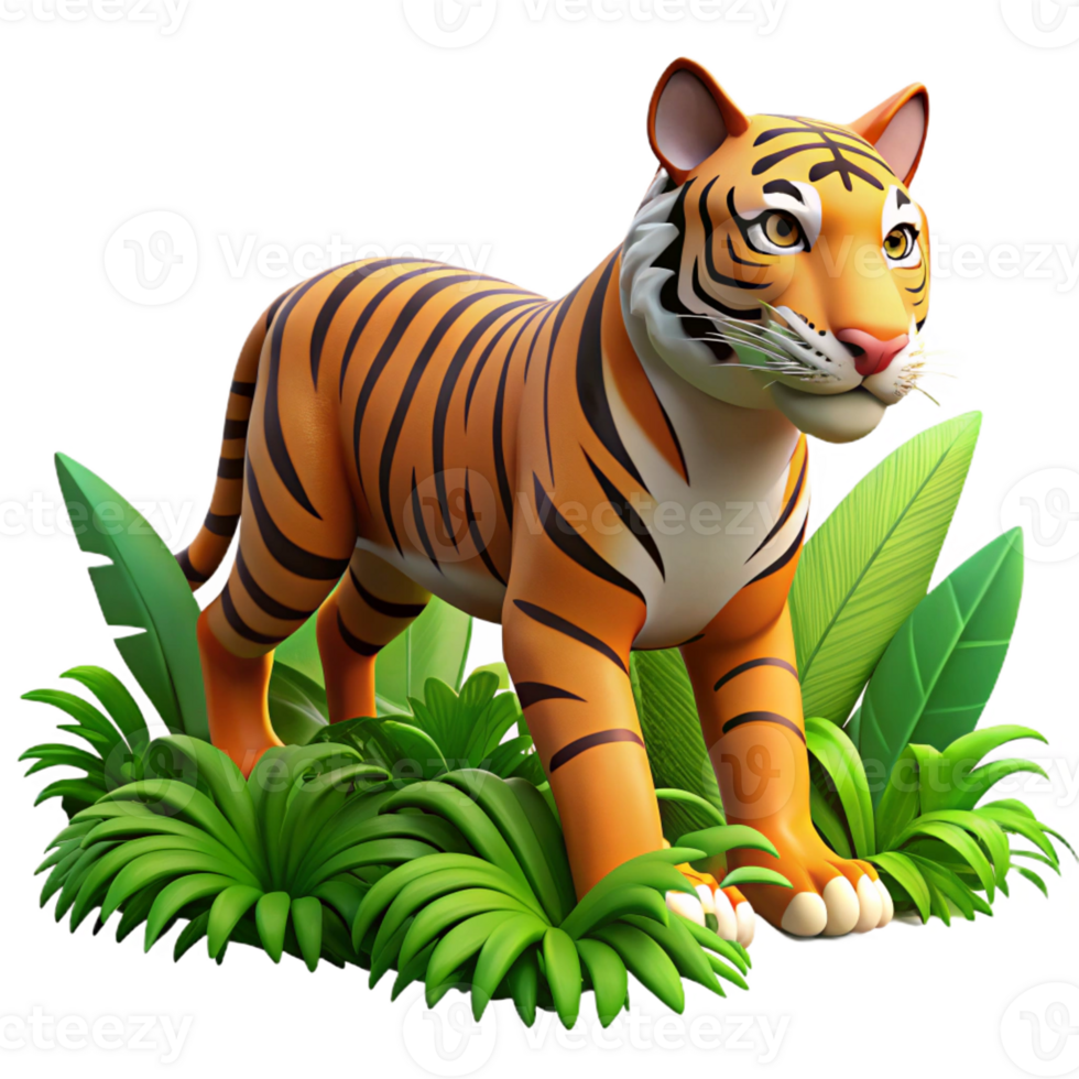 elegant abstract A powerful tiger prowling through the jungle, its stripes vivid against the green foliage, depicted in a fierce, realistic style detailed png