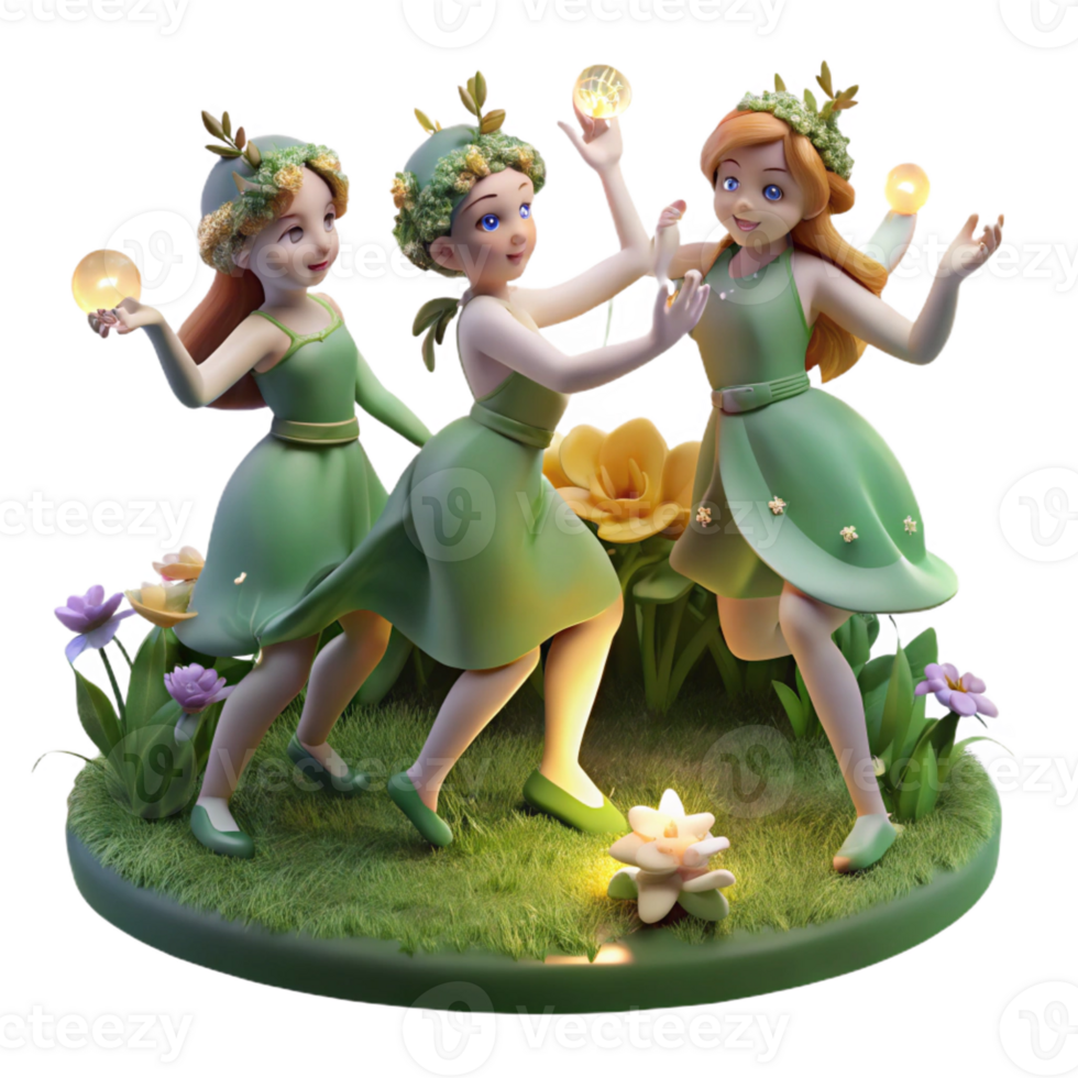 impressive vintage A group of playful forest nymphs dancing in a moonlit glade, adorned with flowers and glowing moss. Soft, ethereal lighting. Pre-Raphaelite style high quality png
