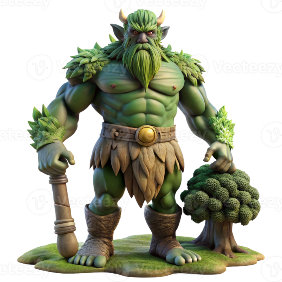 vibrant vintage A powerful giant with tree-like skin and a club, standing guard over a forest. Fantasy realism style, dappled lighting exclusive png