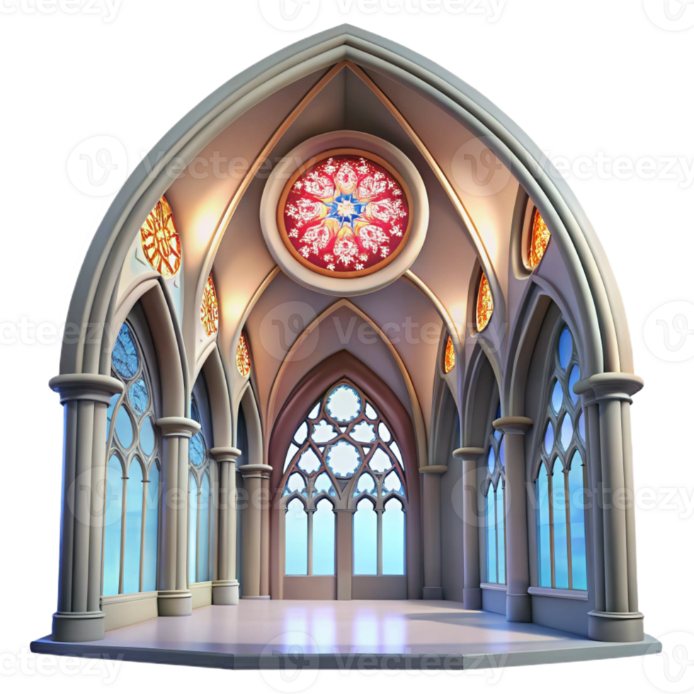serene abstract Gothic cathedral interior, stained glass rose window, shafts of light, ethereal, hyperrealistic style detailed png