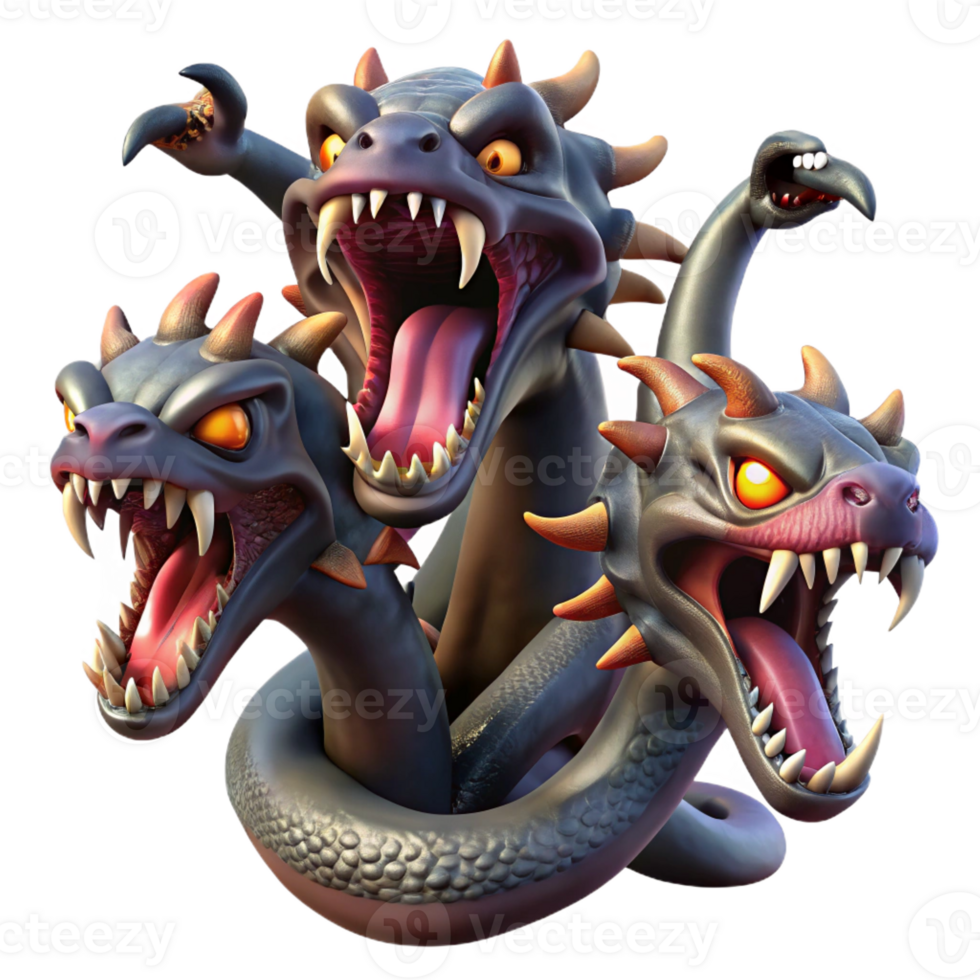 dramatic minimalist A fierce hydra with multiple heads, each spewing venomous fumes. Dark fantasy style, dynamic lighting high resolution png
