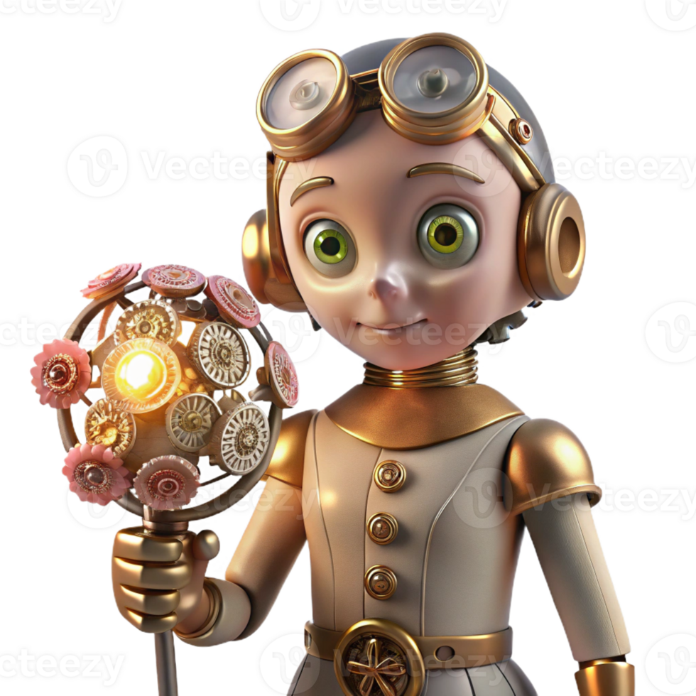 serene contemporary A porcelain doll with gears and wires protruding from its cracked face, holding a bouquet of wilting metallic flowers, lit by a single spotlight. Steampunk style exclusive png