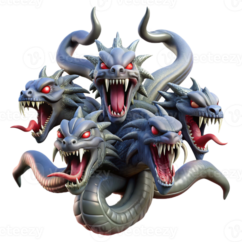 extraordinary contemporary A fierce hydra with multiple heads and venomous fangs, battling a group of heroes. Dramatic, high-contrast lighting. Epic Fantasy style 4K png
