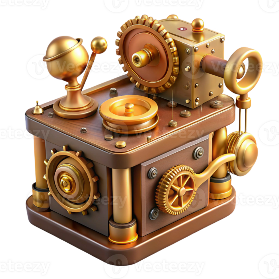beautiful minimalist A steampunk music box, playing a melancholic melody, with intricate gears and moving figures. Warm, golden lighting, romantic style, highly detailed exclusive png