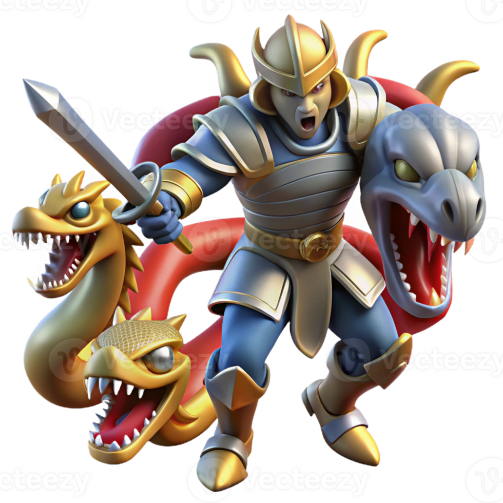extraordinary minimalist A courageous knight in shining armor battles a fearsome hydra. Dynamic, action-packed lighting. Comic book style original png