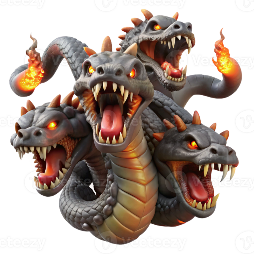 stunning modern A colossal hydra with nine snarling heads, each dripping venom, lit by infernal flames, in a gritty realism style genuine png