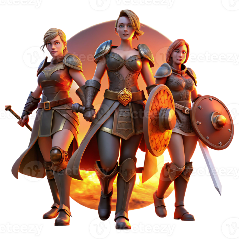 impressive minimalist A group of warrior women, armed with swords and shields, standing defiantly, illuminated by a fiery sunset. Epic fantasy style original png