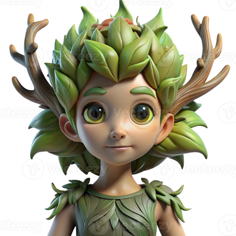 dramatic contemporary A mysterious dryad with bark-like skin and leafy hair, emerging from a tree, lit by dappled sunlight. Symbolist style exclusive png