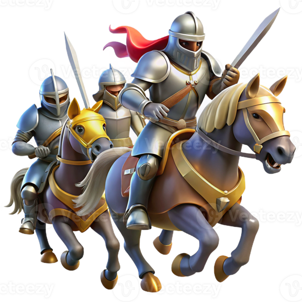 elegant classic A group of brave knights in shining armor, charging into battle on horseback. Dramatic, action-packed lighting, medieval fantasy style detailed png