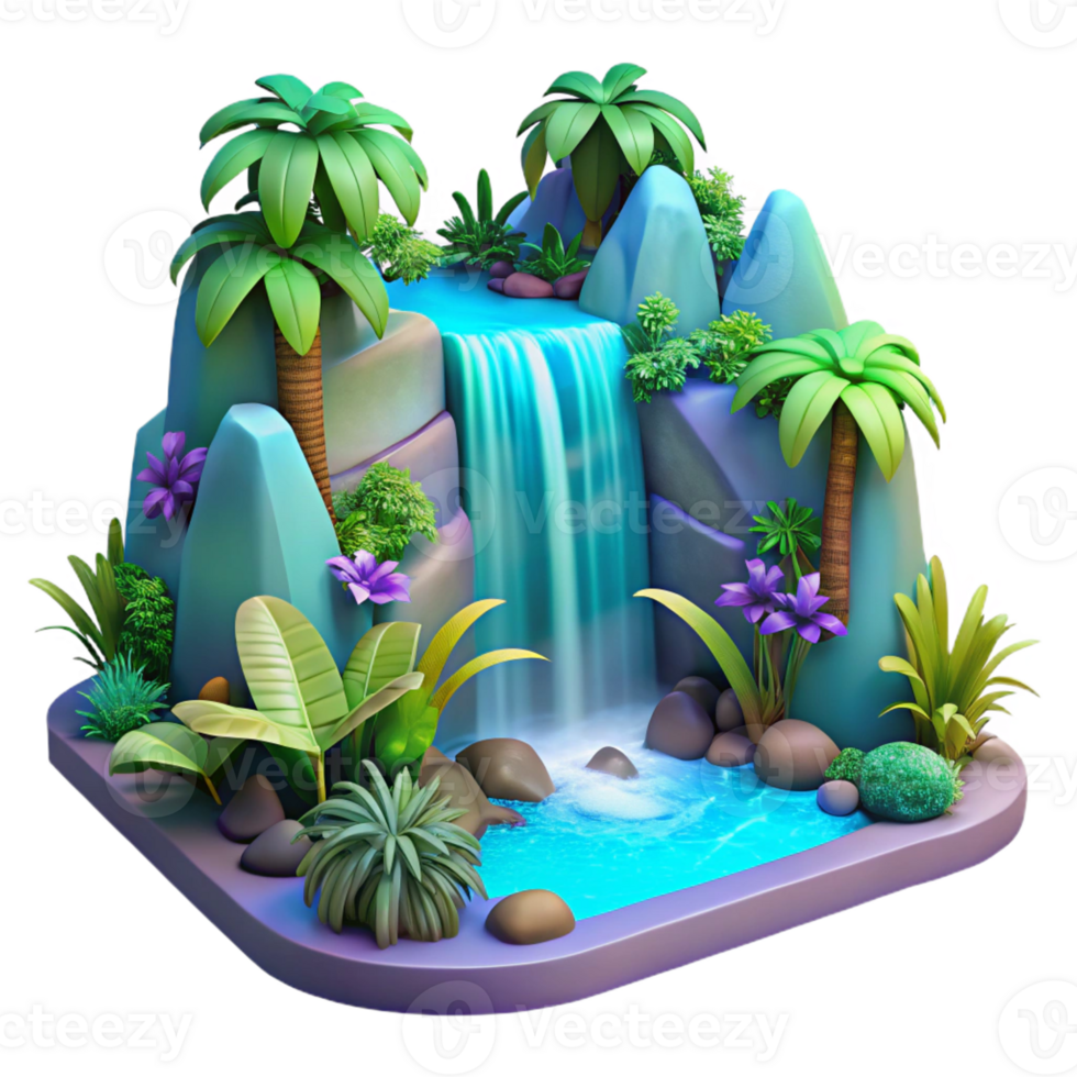 beautiful artistic A cascading waterfall surrounded by lush tropical foliage, vibrant colors, fantasy art style original png