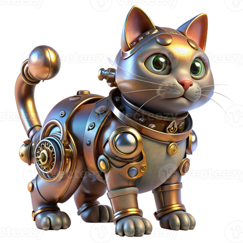 magnificent abstract A steampunk cat, with mechanical augmentations, gears and pipes, metallic fur, brightly lit, whimsical style professional png