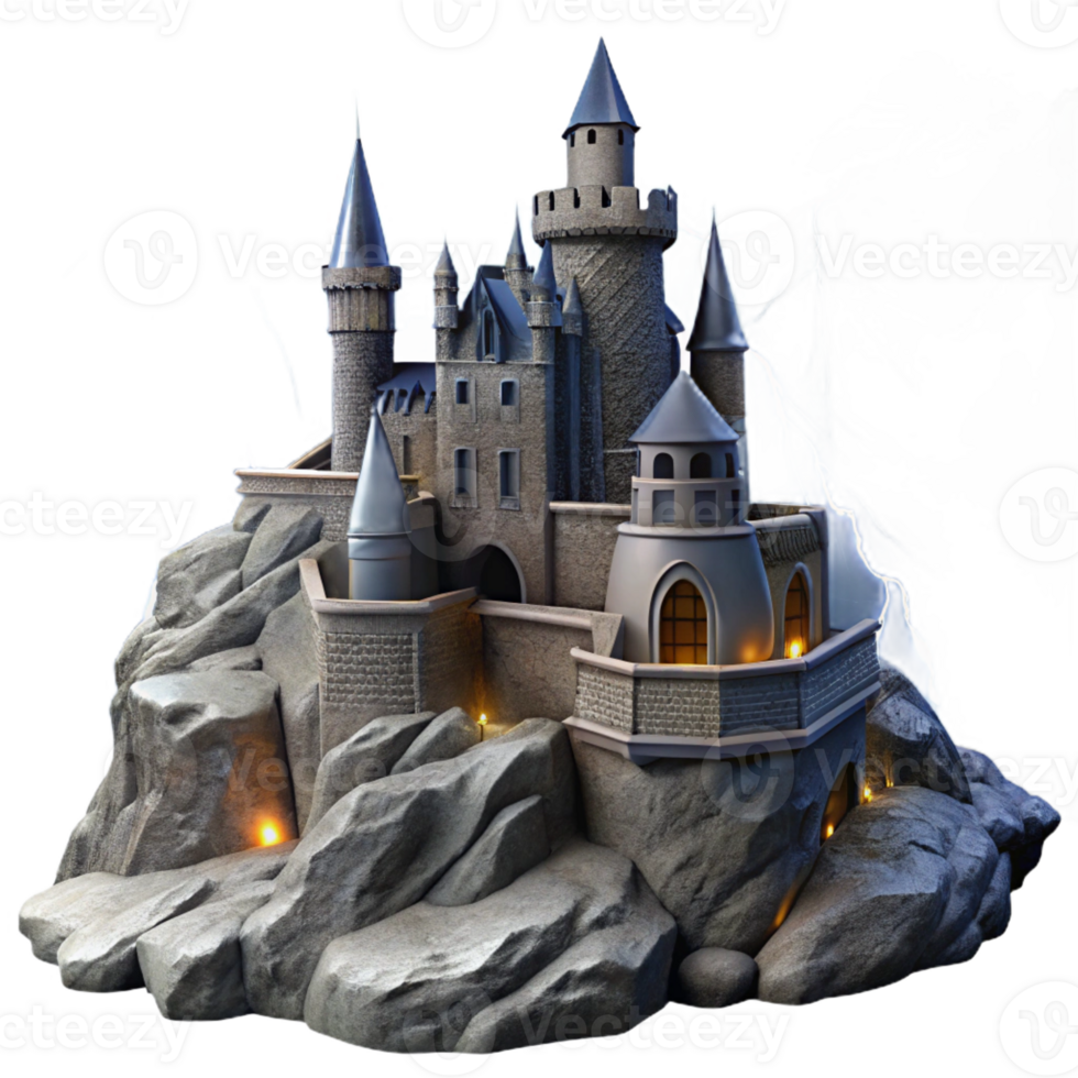impressive creative An ancient, crumbling castle perched atop a windswept cliff. Dramatic, stormy lighting. Gothic style original png