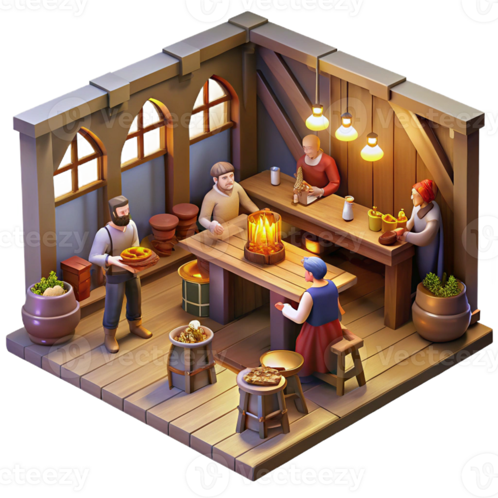 beautiful minimalist A medieval tavern interior with patrons drinking and gambling, warm candlelight, genre painting style, detailed wood textures 4K png