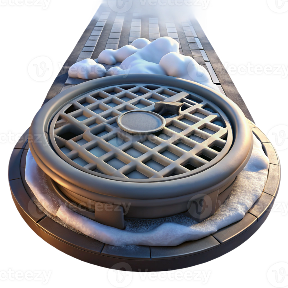 beautiful abstract A steaming manhole cover in a snowy city street, cold winter lighting, photorealistic style 4K png