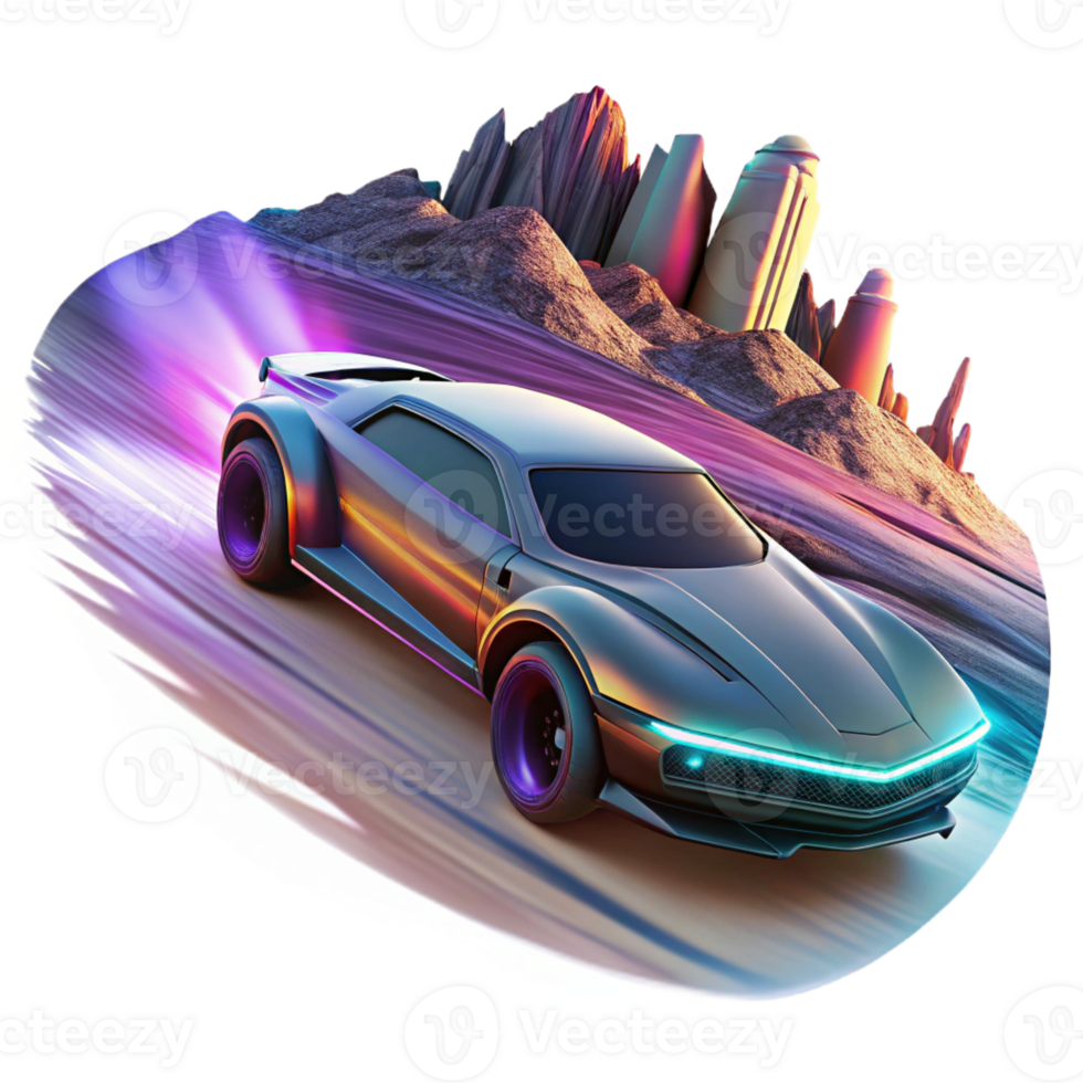 dramatic artistic A futuristic vehicle speeding through a desolate landscape, motion blur, dynamic composition, cyberpunk style, neon accents, dramatic lighting high quality png