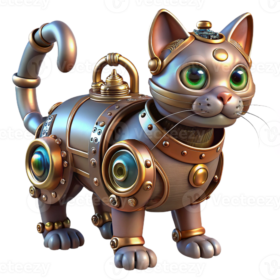 serene artistic A steampunk cat, with mechanical augmentations, gears and pipes, metallic fur, brightly lit, whimsical style high resolution png
