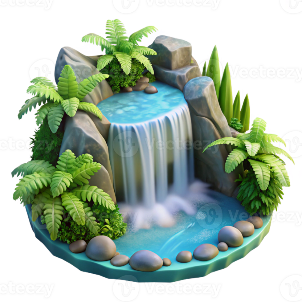 serene modern A cascading waterfall plunging into a crystal-clear pool, surrounded by lush green ferns, with a romantic, landscape painting style high quality png