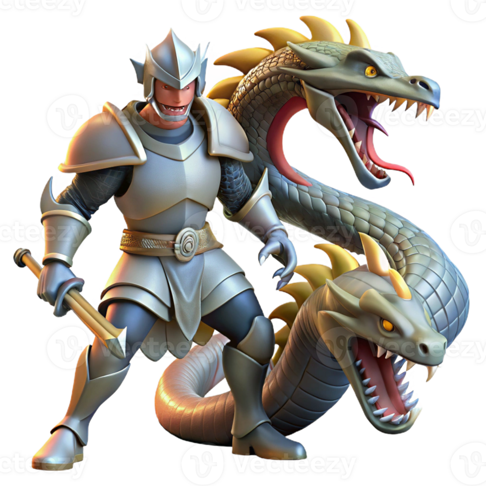 wonderful traditional A courageous knight in shining armor, battling a fearsome hydra. Dramatic, dynamic lighting. Heroic fantasy style original png