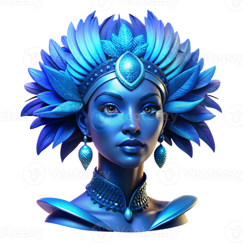 dramatic artistic Portrait of a woman with vibrant blue makeup and elaborate headwear adorned with feathers, lit by dramatic chiaroscuro lighting, in an Art Deco style premium png