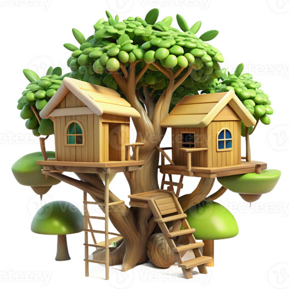 vibrant artistic Treehouse village, interconnected wooden structures, lush foliage, dappled sunlight, whimsical style premium png