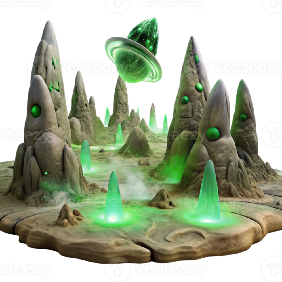 dramatic vintage A desolate alien landscape with strange, rock formations and swirling dust devils, illuminated by the harsh, green light of a nearby nebula. Surreal style premium png