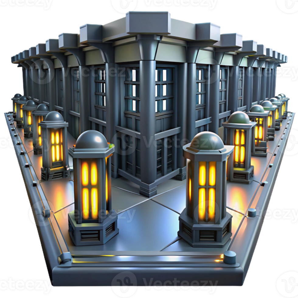 beautiful contemporary A futuristic prison with rows of cells and flickering lights, oppressive atmosphere, dark, gritty style, realistic rendering original png