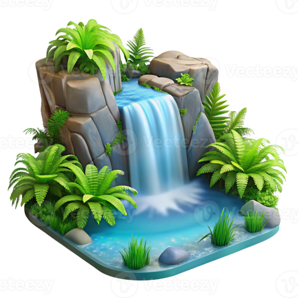 vibrant modern A cascading waterfall plunging into a crystal-clear pool, surrounded by lush green ferns, with a romantic, landscape painting style authentic png