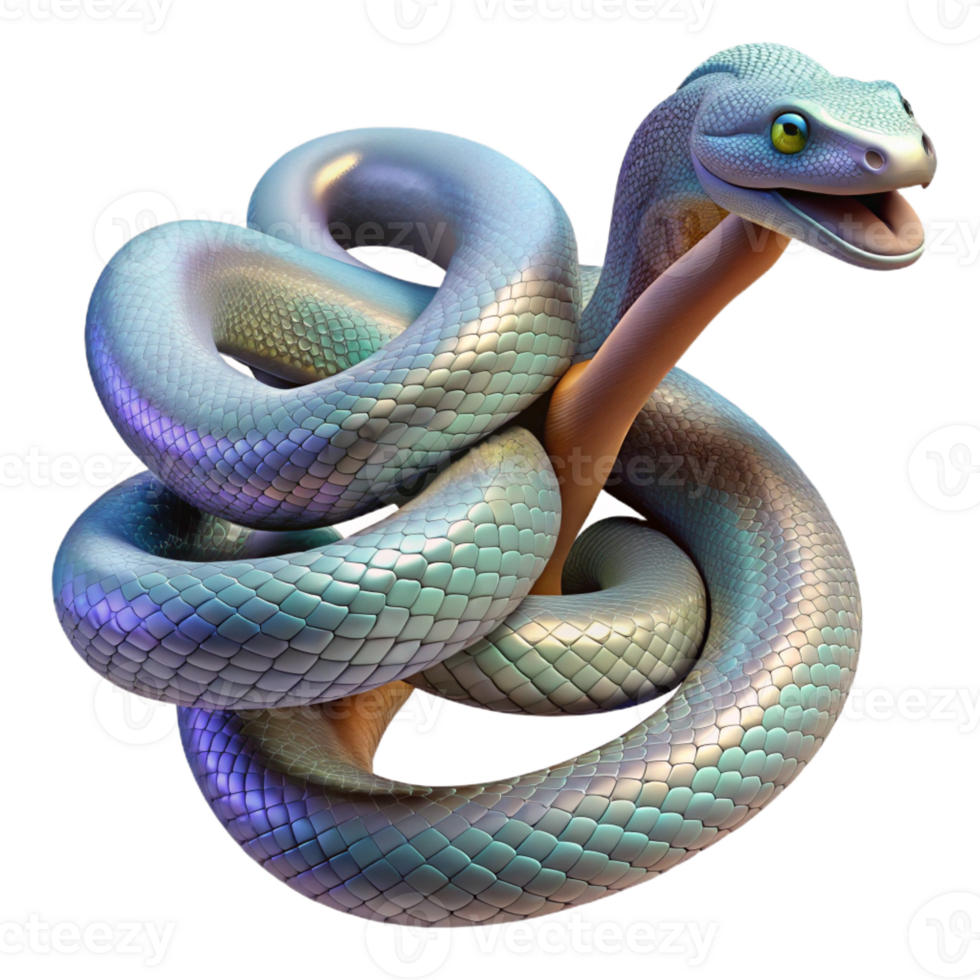 extraordinary abstract A slithering snake with iridescent scales, coiled around a tree branch, its tongue flicking out. Detailed, realistic rendering authentic png