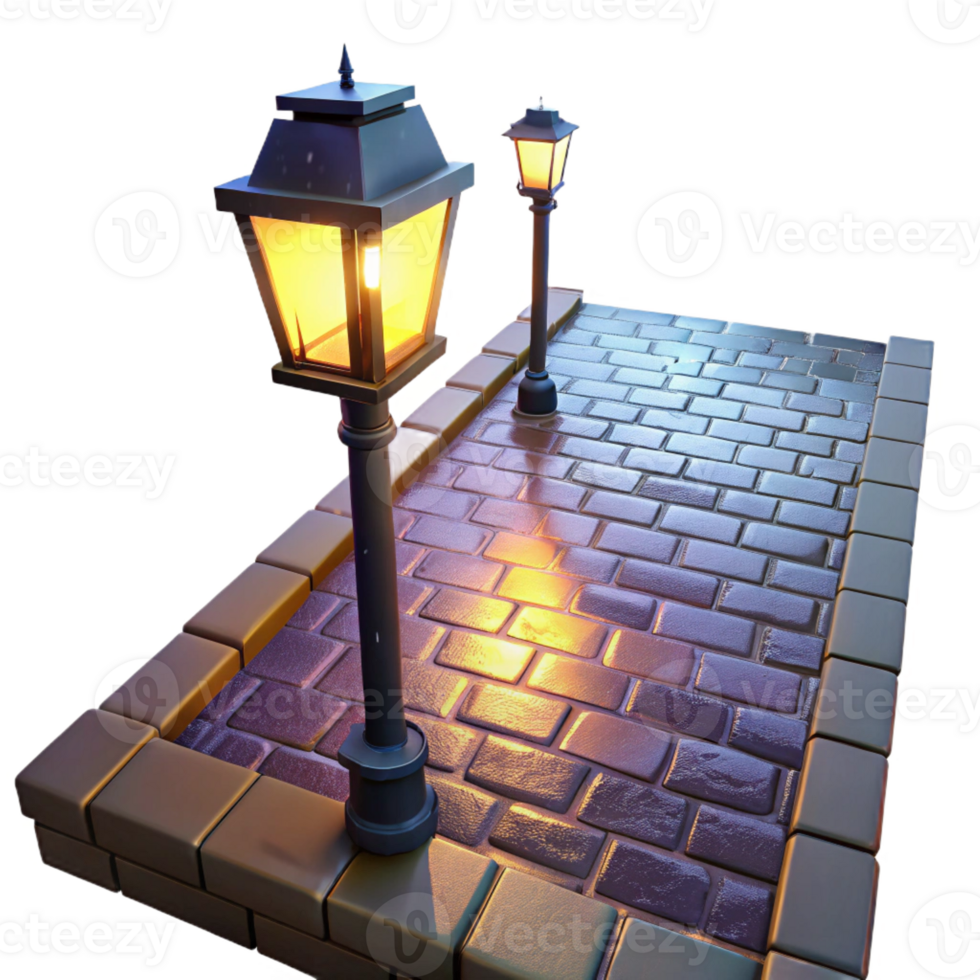 dramatic traditional A lone streetlamp illuminating a cobblestone alleyway in a futuristic metropolis, cyberpunk style, volumetric lighting, rain-slicked surfaces professional png