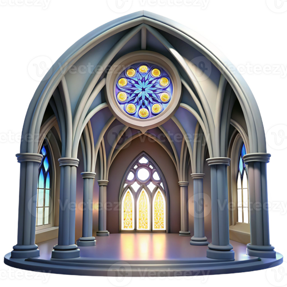 extraordinary classic Gothic cathedral interior, stained glass rose window, shafts of light, ethereal, hyperrealistic style detailed png