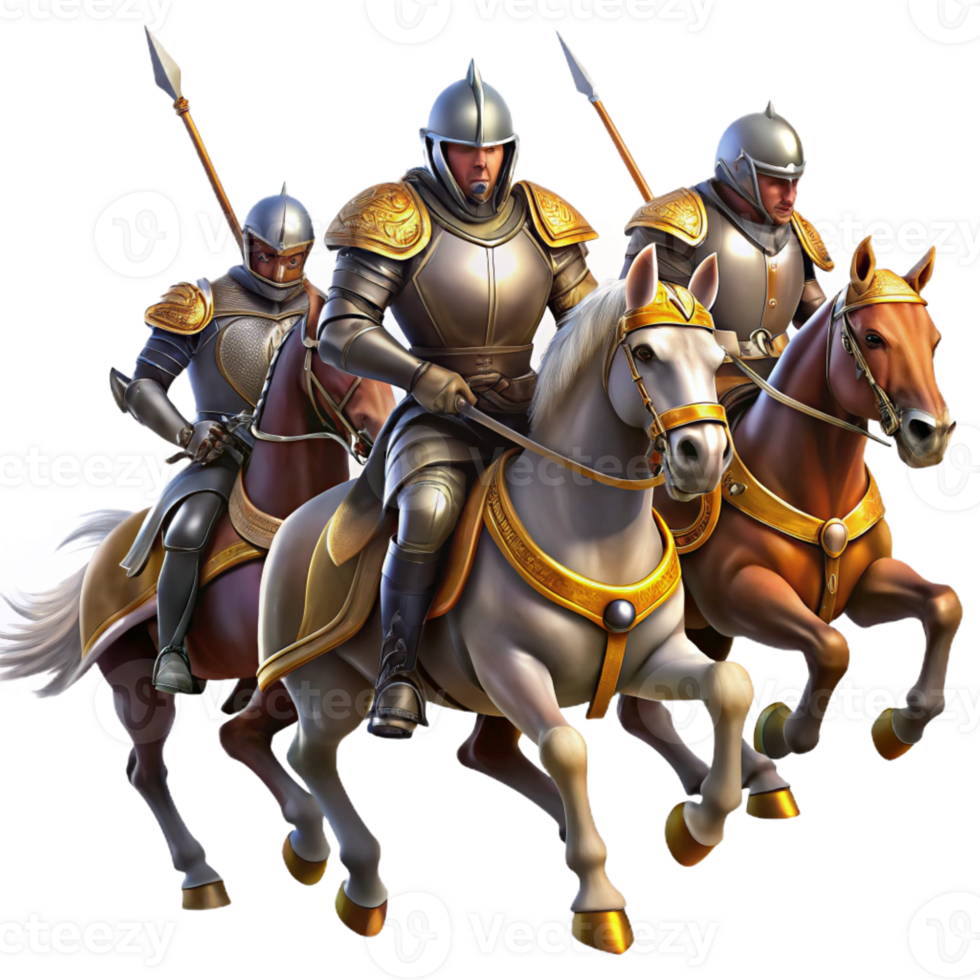 impressive minimalist A group of brave knights in shining armor, charging into battle on horseback. Dramatic, action-packed lighting, medieval fantasy style high resolution png