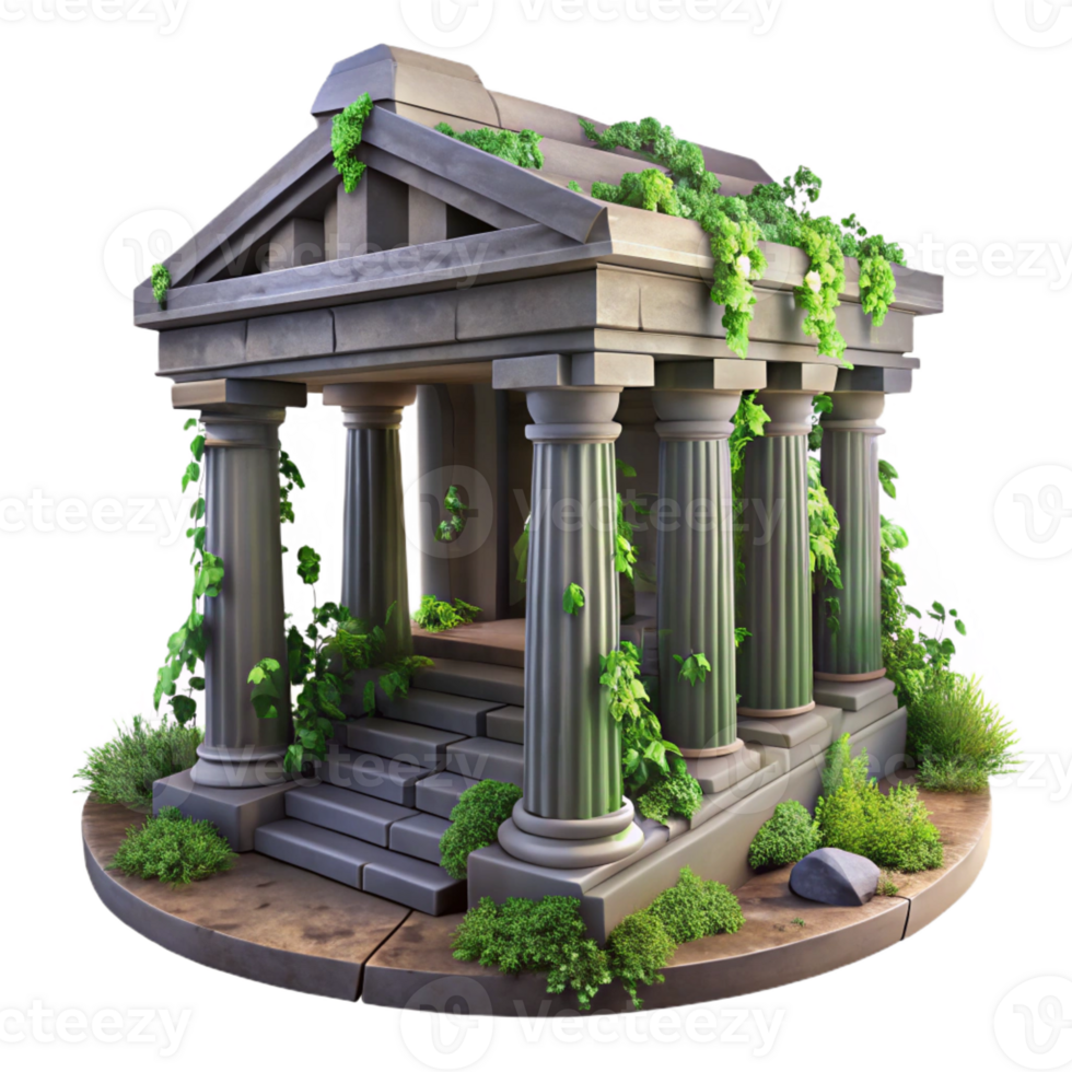 Ruined ancient temple, overgrown with vines, dramatic lighting, mysterious style png