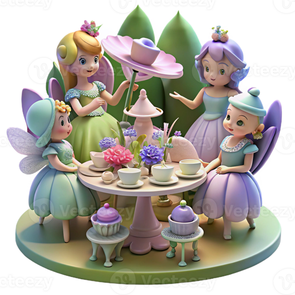 extraordinary modern A whimsical tea party hosted by a group of fairies in a flower garden. Soft, dappled sunlight. Victorian fairy painting style original png
