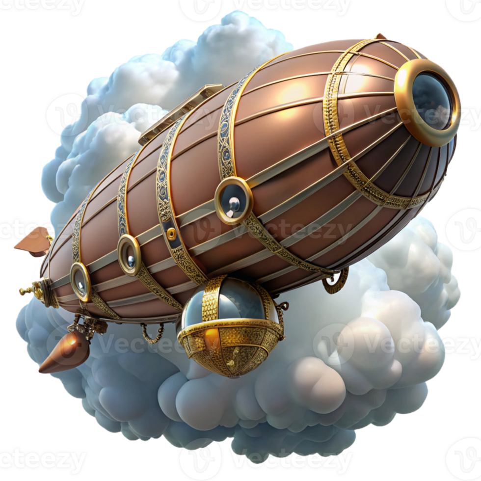 wonderful rustic A steampunk zeppelin, soaring through the clouds, intricate details, bright sunlight, majestic style professional png